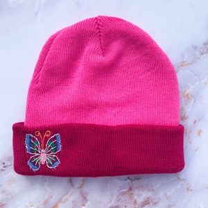 Pink Butterfly Hand Embroidered Kids Winter Hat Beanie